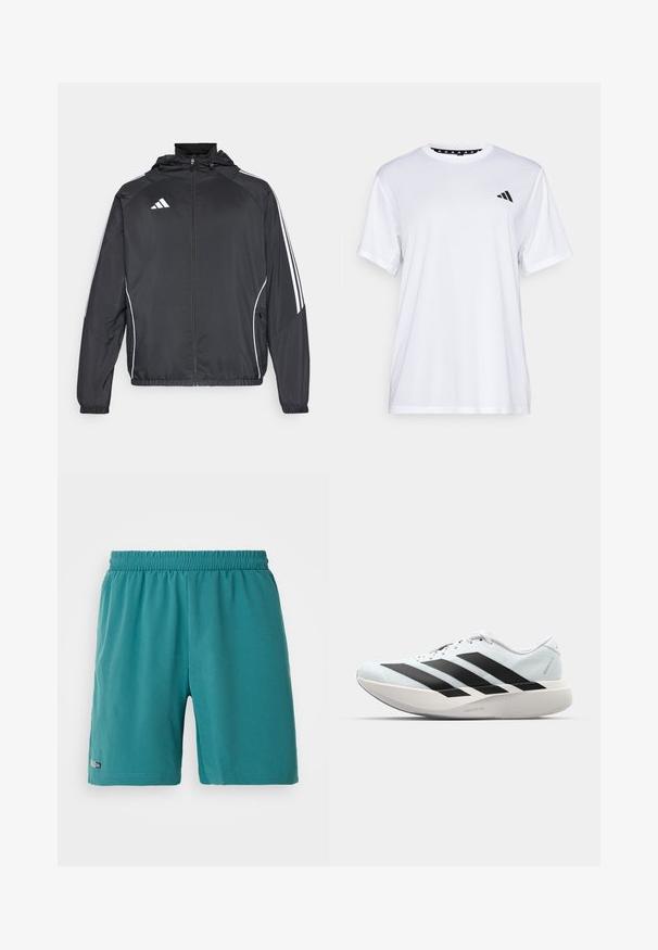 Black athletic jacket with a hood, featuring white stripes along the sleeves and a zippered front. Made from a smooth, lightweight fabric.; White athletic t-shirt with short sleeves, made from moisture-wicking fabric. Features a black logo on the left chest and a patterned interior neckline.; Teal elastic waist sports shorts with a small "Climacool" label near the hem on the left leg, displayed on a white background.; Lightweight running shoes in pale blue with black stripes. Features a smooth upper, round toe, and thick white midsole labeled "LIGHTSTRIKE PRO."