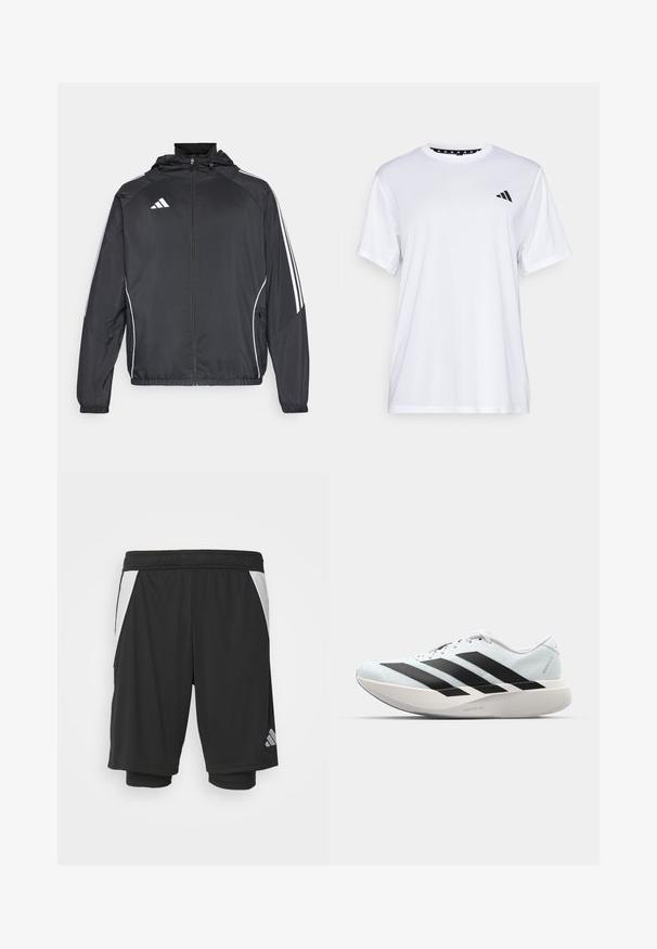 Chaqueta atlética negra con capucha, con rayas blancas a lo largo de las mangas y un cierre frontal con cremallera. Hecha de un tejido suave y ligero.; Camiseta atlética blanca de manga corta, hecha de una tela que absorbe la humedad. Presenta un logo negro en el lado izquierdo del pecho y un cuello interior con un diseño estampado.; Bermudas deportivas negras con un tejido ligero, paneles laterales blancos, cintura elástica y un detalle del logo reflectante en la parte inferior izquierda.; Zapatillas de running ligeras en azul pálido con rayas negras. Presentan una parte superior suave, puntera redonda y una gruesa mediasuela blanca etiquetada como "LIGHTSTRIKE PRO".