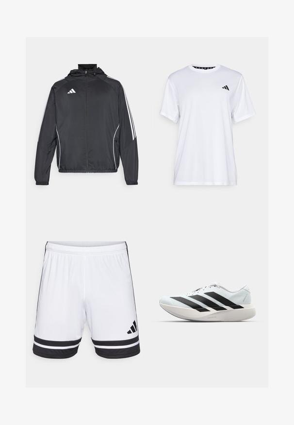 Black athletic jacket with a hood, featuring white stripes along the sleeves and a zippered front. Made from a smooth, lightweight fabric.; White athletic t-shirt with short sleeves, made from moisture-wicking fabric. Features a black logo on the left chest and a patterned interior neckline.; White athletic shorts with black horizontal stripes at the hem and black Adidas logo. Elastic waistband for adjustable fit.; Lightweight running shoes in pale blue with black stripes. Features a smooth upper, round toe, and thick white midsole labeled "LIGHTSTRIKE PRO."