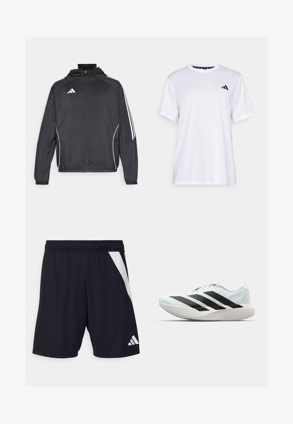 Zwarte sportjack met capuchon, voorzien van witte strepen langs de mouwen en een ritssluiting aan de voorkant. Gemaakt van een gladde, luchtige stof.; Witte sport T-shirt met korte mouwen, gemaakt van vochtafvoerende stof. Heeft een zwart logo op de linkerkant van de borst en een gemusterde binnenhals.; Zwarte sportshorts met een elastische tailleband, met een diagonale witte streep aan de linkerkant en een witte logo-accent aan de onderkant rechts.; Lichte hardloopschoenen in lichtblauw met zwarte strepen. Beschikt over een soepele bovenkant, ronde neusstuk en dikke witte tussenzool met het label "LIGHTSTRIKE PRO."