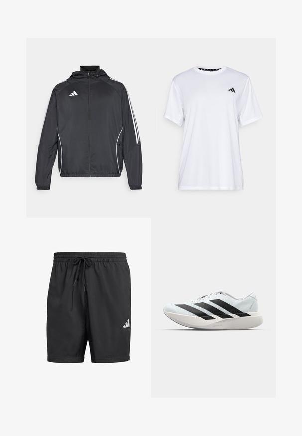 Melnā sporta jaka ar kapuci, ar baltām svītrām pa piedurknēm un ar rāvējslēdzēju priekšpusē. Izgatavota no gludas, vieglas auduma.; Balts sporta T-krekls ar īsām piedurknēm, izgatavots no mitrumu absorbējoša auduma. Tam ir melns logo kreisajā krūtī un rakstains iekšējais apkakles piegriezums.; Melni sporta šorti, kas izgatavoti no viegla auduma, ar elastīgu jostasvietu un šņorējamu kakla daļu, kā arī ar baltu Adidas logo apakšējā labajā pusē.; Gaiši zili vieglie skriešanas apavi ar melniem svītrainiem. Iezīmēti ar gludu augšpusi, apaļu purngalu un biezāko balto vidējo zoli, kurā ir uzraksts "LIGHTSTRIKE PRO."