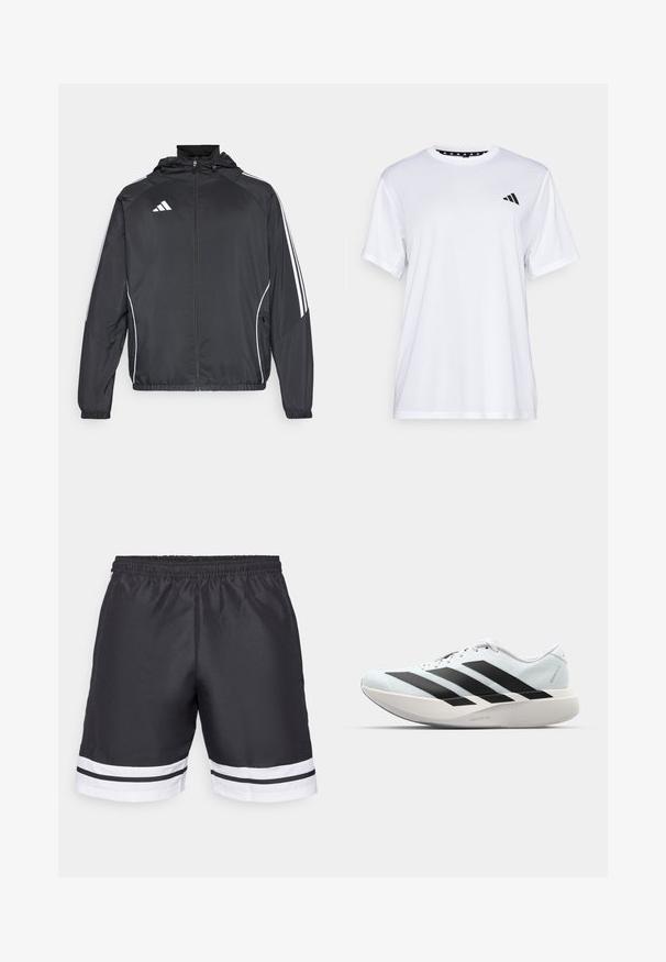 Must värvi sportlik jakk kapuutsiga, millel on valged triibud varrukatel ja lukuga esiosa. Valmistatud siledast, kergest kangast.; Valge sportlik T-särk lühikeste varrukatega, valmistatud niiskust eemaldavast kangast. Ees on must logo vasakul rinnal ja soe mustriline kaelaosa.; Mustad mustat spordilühikesed püksid elastse vöökoha ning valgete horisontaalsete triipudega hemil, omades siledat tekstuuri.; Kerged jooksujalatsid helesinises värvuses mustade triipudega. Omavad siledat pealispinda, ümarat varvase osa ja paksu valget vahemõõtu, millel on silt "LIGHTSTRIKE PRO".