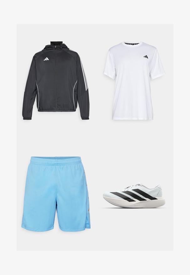 Melnā sporta jaka ar kapuci, ar baltām svītrām pa piedurknēm un ar rāvējslēdzēju priekšpusē. Izgatavota no gludas, vieglas auduma.; Balts sporta T-krekls ar īsām piedurknēm, izgatavots no mitrumu absorbējoša auduma. Tam ir melns logo kreisajā krūtī un rakstains iekšējais apkakles piegriezums.; Gaiši zili sporta šorti, kas izgatavoti no sintētiskā materiāla. Iekļautas elastīga josta un zelta akcents sānos. Gluda tekstūra, garums virs ceļa.; Gaiši zili vieglie skriešanas apavi ar melniem svītrainiem. Iezīmēti ar gludu augšpusi, apaļu purngalu un biezāko balto vidējo zoli, kurā ir uzraksts "LIGHTSTRIKE PRO."