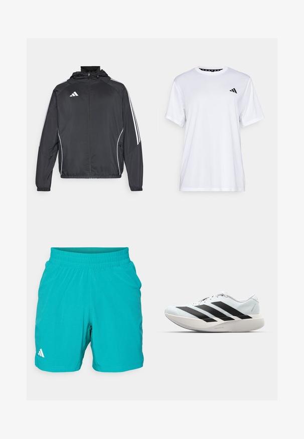 Black athletic jacket with a hood, featuring white stripes along the sleeves and a zippered front. Made from a smooth, lightweight fabric.; White athletic t-shirt with short sleeves, made from moisture-wicking fabric. Features a black logo on the left chest and a patterned interior neckline.; Teal athletic shorts with an elastic waistband and a textured pattern. Features a white logo on the lower left side.; Lightweight running shoes in pale blue with black stripes. Features a smooth upper, round toe, and thick white midsole labeled "LIGHTSTRIKE PRO."