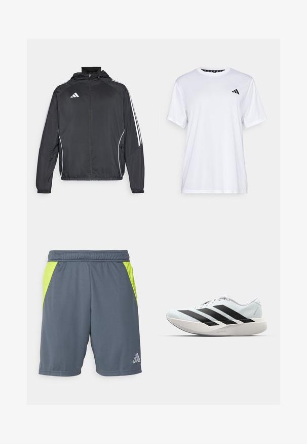 Veste de sport noire avec capuche, présentant des bandes blanches le long des manches et un devant zippé. Fabriquée en tissu léger et lisse.; T-shirt de sport blanc à manches courtes, fabriqué en tissu évacuant l'humidité. Présente un logo noir sur la poitrine gauche et un col intérieur à motifs.; Shorts de sport gris avec des panneaux latéraux vert fluo, taille élastique et un petit logo argenté en bas à droite. Tissu au toucher lisse.; Baskets de course légères en bleu pâle avec des rayures noires. Elles présentent un dessus lisse, un embout rond et une semelle intermédiaire blanche épaisse étiquetée "LIGHTSTRIKE PRO".