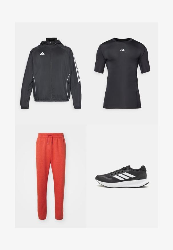 Černá sportovní bunda s kapucí, s bílými pruhy podél rukávů a s předním zipem. Vyrobena z hladkého, lehkého materiálu.; Černé sportovní tričko s krátkým rukávem vyrobené z hladkého, elastického materiálu. Obsahuje bílé logo na hrudi a ploché švy pro větší pohodlí.; Červené tepláky vyrobené z měkké tkaniny, s elastickým pasem na šňůrku, zúženými nohavicemi a malým logem na boku.; Černá sportovní obuv s prodyšným síťovaným svrškem, bílými akcenty a polstrovanou podrážkou. Na boku se nachází logo se třemi pruhy.