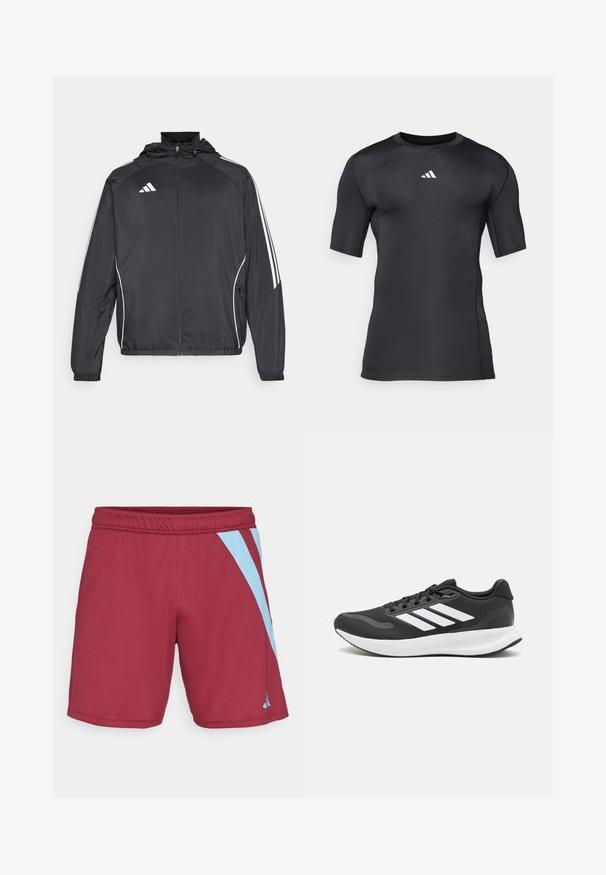 Chaqueta atlética negra con capucha, con rayas blancas a lo largo de las mangas y un cierre frontal con cremallera. Hecha de un tejido suave y ligero.; Camiseta deportiva negra de manga corta hecha de una tela suave y elástica. Presenta un logotipo blanco en el pecho y costuras planas para mayor comodidad.; Pantalones cortos deportivos color burdeos con franjas laterales azul claro, cinturilla elástica y textura suave, diseñados para la comodidad y la flexibilidad en el movimiento.; Zapatilla deportiva negra con parte superior de malla transpirable, acentos en blanco y una suela acolchada. Presenta el logo de tres rayas en el costado.