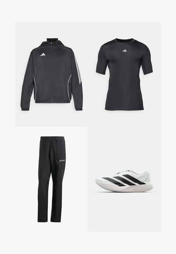 Schwarze Sportjacke mit Kapuze, ausgestattet mit weißen Streifen an den Ärmeln und einem Reißverschluss vorne. Hergestellt aus einem glatten, leichten Stoff.; Schwarzes, athletisches T-Shirt mit kurzen Ärmeln aus glattem, dehnbarem Stoff. Verfügt über ein weißes Logo auf der Brust und Flachnähte für zusätzlichen Komfort.; Schwarze, leichte Wanderhosen mit elastischem Bund, seitlichem Reißverschlussfach und reflektierendem TERREX-Logo. Glattes, wasserabweisendes Material.; Leichte Laufschuhe in hellblau mit schwarzen Streifen. Sie verfügen über ein glattes Obermaterial, eine runde Zehenpartie und eine dicke weiße Zwischensohle, die mit "LIGHTSTRIKE PRO" beschriftet ist.