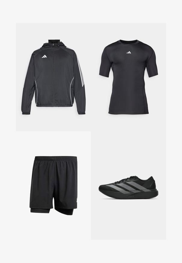 Schwarze Sportjacke mit Kapuze, ausgestattet mit weißen Streifen an den Ärmeln und einem Reißverschluss vorne. Hergestellt aus einem glatten, leichten Stoff.; Schwarzes, athletisches T-Shirt mit kurzen Ärmeln aus glattem, dehnbarem Stoff. Verfügt über ein weißes Logo auf der Brust und Flachnähte für zusätzlichen Komfort.; Schwarze Sportshorts mit einem elastischen Bund, Innenfutter und einem kleinen Logodetail an der Seite. Leichtes Material und lockerer Schnitt.; Schwarze Sportschuhe mit einem leichten Design, ausgestattet mit drei auffälligen grauen Streifen, einer glatten Textur und einer konturierten Sohle.