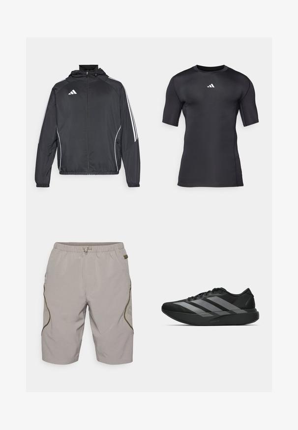 Black athletic jacket with a hood, featuring white stripes along the sleeves and a zippered front. Made from a smooth, lightweight fabric.; Black athletic short-sleeve shirt made of smooth, stretchable fabric. Features a white logo on the chest and flatlock seams for comfort.; Beige shorts with a textured pattern, elastic waistband, drawstring, and side accents. Features mesh panels for breathability.; Black athletic shoes with a lightweight design, featuring three prominent gray stripes, a smooth texture, and a contoured sole.