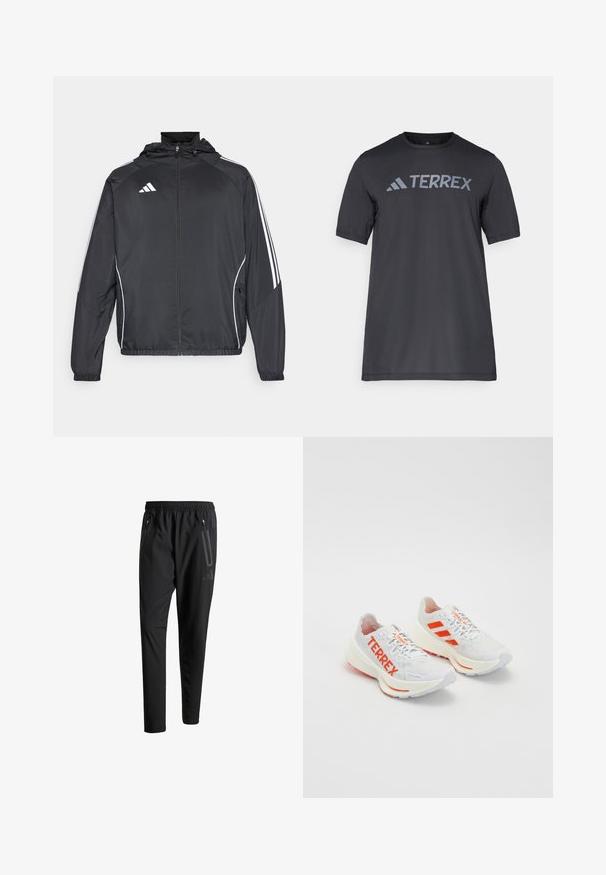 Veste de sport noire avec capuche, présentant des bandes blanches le long des manches et un devant zippé. Fabriquée en tissu léger et lisse.; T-shirt noir à manches courtes en tissu léger, arborant un logo « TERREX » gris clair sur la poitrine et un col rond.; Pantalons de sport noirs avec une taille élastique, deux poches latérales zippées, des jambes fuselées et un détail de logo subtil sur la hanche.; Baskets de sport blanches avec des accents orange, arborant le logo "TERREX", un dessus en mesh, une semelle rembourrée et une semelle extérieure en caoutchouc texturé.