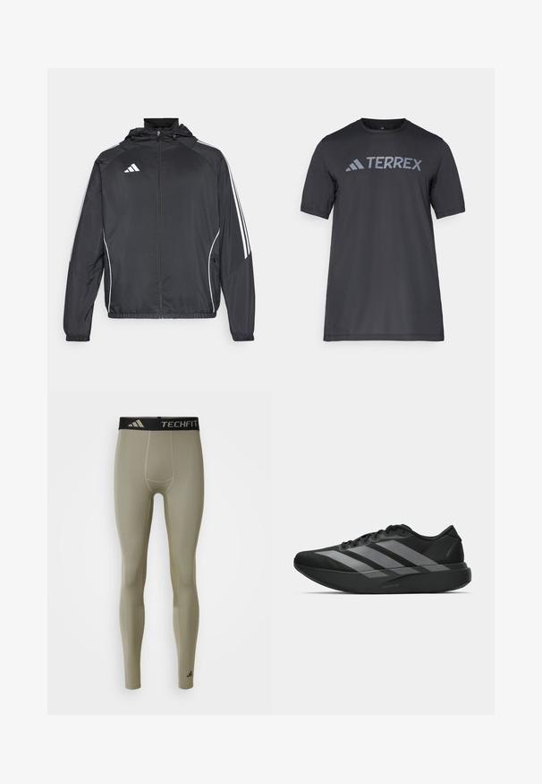 Črna športna jakna s kapuco, z belimi črtami ob rokavih in z zadrgo spredaj. Narejena iz gladkega, lahkega materiala.; Črna majica s kratkimi rokavi iz lahkega materiala, ki ima odtisnjen svetlo sivi logotip "TERREX" čez prsi in okrogel izrez.; adidas Performance TF BASE - Pajkice - silver pebble; Crne atletske čevlje z lahkotno zasnovo, ki imajo tri izrazite sive črte, gladko teksturo in oblikovano podplat.