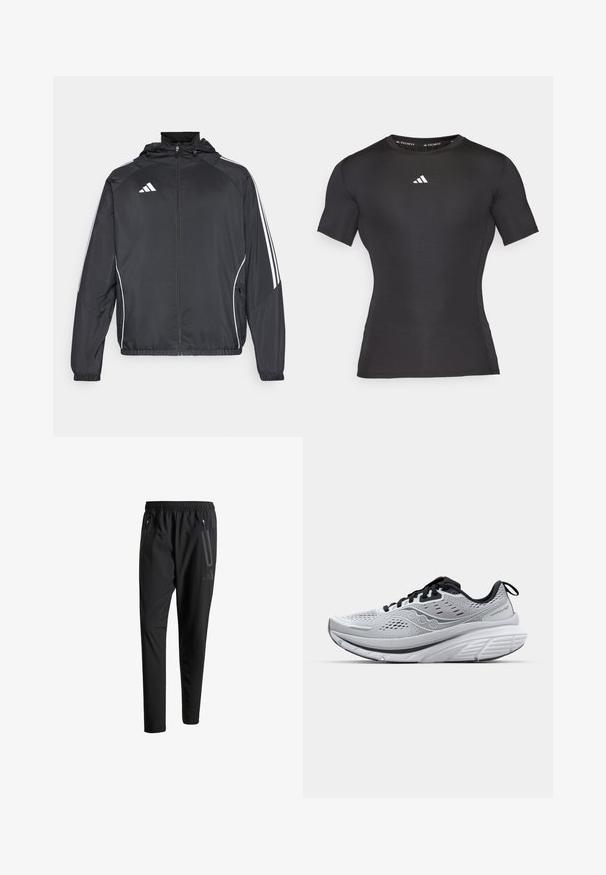 Black athletic jacket with a hood, featuring white stripes along the sleeves and a zippered front. Made from a smooth, lightweight fabric.; Black short-sleeve athletic shirt made of smooth, stretchable fabric. Features a white logo on the chest and a fitted design.; Black athletic pants with an elastic waistband, two zippered side pockets, tapered legs, and a subtle logo detail on the hip.; Lightweight running shoes in gray mesh, featuring a padded collar, black accents, and a thick white midsole with a textured grip sole.