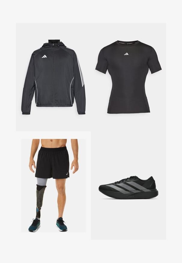 Musta urheilu takki hupulla, jossa on valkoiset raidat hihoissa ja vetoketjuzulu etupuolella. Valmistettu sileästä, kevyestä kankaasta.; Mustat lyhyet hihaset urheilupaidat, jotka on valmistettu sileästä ja joustavasta kankaasta. Paidassa on valkoinen logo rinnassa ja se on kapeamuotoinen.; Musta urheilushortsit, joita käyttää henkilö, jolla on hiilikuituinen proteesijalka sinisillä yksityiskohdilla, yhdistettynä teal-värisiin juoksukenkään.; Mustat urheilukengät, joissa on kevyt muotoilu, kolme näkyvää harmaata raitaa, sileä pinta ja muotoiltu pohja.