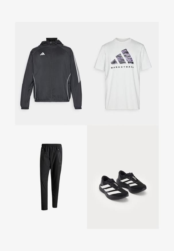 Jachetă sport neagră cu glugă, decorată cu dungi albe pe mâneci și cu fermoar în față. Fabricată dintr-un material neted și ușor.; Tricou alb din bumbac, cu mâneci scurte, având un imprimeu grafic violet și negru cu trei dungi și cuvântul "BASKETBALL."; Pantaloni atletici negri cu talie elastică, două buzunare laterale cu fermoar, picioare conice și un detaliu logo discret pe șold.; O pereche de pantofi de alergare Adidas Adizero negri, cu dungi și șireturi albe, pe un fundal alb, poziționați unul lângă altul.