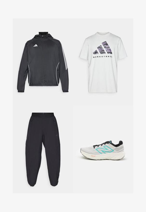 Veste de sport noire avec capuche, présentant des bandes blanches le long des manches et un devant zippé. Fabriquée en tissu léger et lisse.; T-shirt blanc en coton à manches courtes, avec un imprimé graphique violet et noir de trois bandes et le mot "BASKETBALL."; Pantalons de sport noirs avec taille élastique, poches latérales zippées, jambes fuselées et logo discret sur la cuisse droite.; New Balance FRESH FOAM X 1080 V13 - Chaussures de running sur route - grey