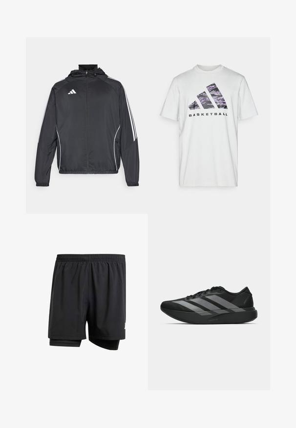 Černá sportovní bunda s kapucí, s bílými pruhy podél rukávů a s předním zipem. Vyrobena z hladkého, lehkého materiálu.; Bílý bavlněný tričko s krátkým rukávem, se fialovým a černým grafickým potiskem tří pruhů a nápisem "BASKETBALL."; Černé sportovní šortky s elastickým pasem, vnitřním podšíváním a malým logem na boku. Lehká tkanina a volný střih.; Černé sportovní boty s lehkou konstrukcí, se třemi výraznými šedými pruhy, hladkým povrchem a tvarovanou podrážkou.