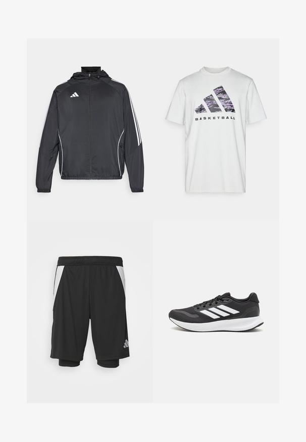 Čierna športová bunda s kapucňou, ktorá má biele pruhy pozdĺž rukávov a zips v prednej časti. Vyrobená z hladkej, ľahkej tkaniny.; Biela bavlnená tričko s krátkymi rukávmi, so sýtofialovým a čiernym grafickým motívom troch pruhov a slovom "BASKETBALL."; Čierne športové šortky z ľahkej tkaniny, s bielymi bočnými panelmi, elastickým pásom a reflexným logom na spodnej ľavej strane.; Čierna športová obuv s priedušným sieťovaným zvrškom, bielymi akcentmi a polstrovanou podrážkou. Na bočnej strane sa nachádza logo so tromi pruhmi.