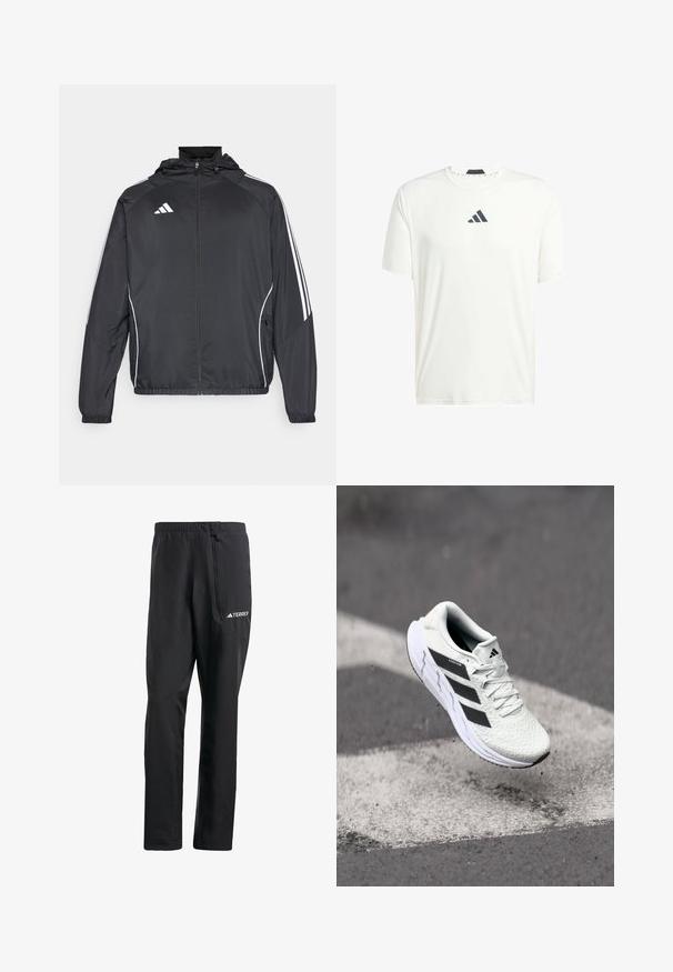 Crna atletska jakna s kapuljačom, s bijelim prugama duž rukava i zatvaranjem na zip. Izrađena od glatkog, laganog materijala.; Bijela kratka majica s kratkim rukavima izrađena od laganog materijala, s okruglim izrezom i tamnosivim logotipom na prsima. Glatka tekstura, ležeran kroj.; Crne lagane planinarske hlače s elastičnom trakom u struku, bočnim zip džepom i reflektirajućim detaljem s TERREX logotipom. Glatki, vodoodbojni materijal.; Bjela atletska cipela s mrežastim gornjim dijelom s teksturom, crnim prugama, vezanjem na vezice i podstavljenim potplatom, lebdi iznad označene ceste.