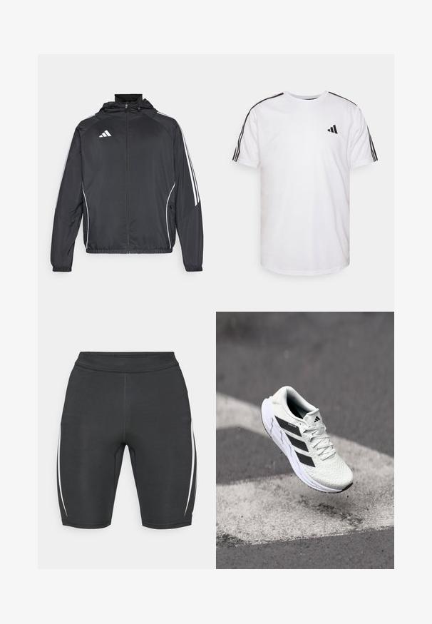 Jachetă sport neagră cu glugă, decorată cu dungi albe pe mâneci și cu fermoar în față. Fabricată dintr-un material neted și ușor.; Tricou alb din bumbac, cu guler rotund, mâneci scurte și accente negre cu trei dungi pe umeri; prezintă un mic logo negru.; Pantaloni scurți atletici negri cu dungi albe pe laterale, fabricați dintr-un material elastic, având un talie înaltă și un design pe măsură pentru confort.; Adidași albi cu partea superioară din plasă texturată, dungi negre, închidere cu șireturi și talpă căptușită, levitând deasupra unei suprafețe de drum marcate.