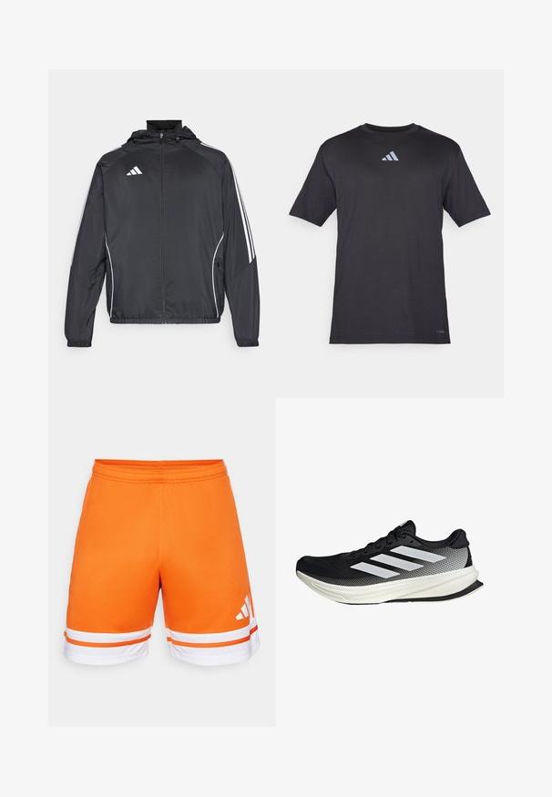 Musta urheilu takki hupulla, jossa on valkoiset raidat hihoissa ja vetoketjuzulu etupuolella. Valmistettu sileästä, kevyestä kankaasta.; Mustat lyhythihaiset urheilupaidat, jotka on valmistettu kevyestä kankaasta, ja niissä on huomaamaton heijastava Adidas-logo rinnassa.; Oranssit urheilushortsit, joissa on sileä rakenne, joustava vyötärö ja valkoiset raidat helmoissa. Kolme raitaa -logo valkoisena sivulla.; Musta urheilukengä, jossa on verkkomaisia yksityiskohtia, valkoiset raidat, pyöristetty kärki ja pintakuvioitu pohja pidon ja tuen tarjoamiseksi.