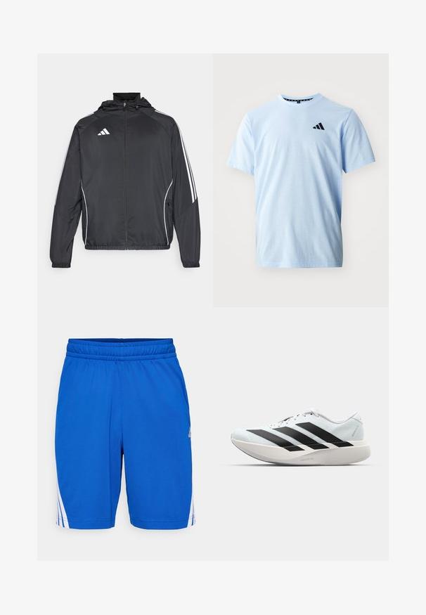 Jachetă sport neagră cu glugă, decorată cu dungi albe pe mâneci și cu fermoar în față. Fabricată dintr-un material neted și ușor.; Tricou de bumbac bleu deschis cu mâneci scurte, guler rotund și detaliu cu logo negru pe piept. Textură fină și croi lejer.; Pantaloni scurți sport albăstri, realizați dintr-un material neted, cu talie elastică și dungi albe accentuate pe părțile laterale.; Pantofi de alergare ușori în albastru deschis cu dungi negre. Au un superior neted, vârf rotund și o intermediară groasă albă etichetată "LIGHTSTRIKE PRO."