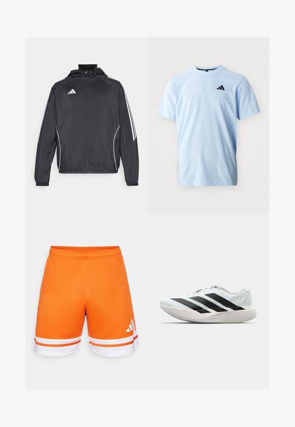 Black athletic jacket with a hood, featuring white stripes along the sleeves and a zippered front. Made from a smooth, lightweight fabric.; Light blue cotton t-shirt with short sleeves, round neck, and black logo detail on the chest. Smooth texture and relaxed fit.; Orange athletic shorts featuring a smooth texture, elastic waistband, and white stripes at the hem. Three stripes logo in white on the side.; Lightweight running shoes in pale blue with black stripes. Features a smooth upper, round toe, and thick white midsole labeled "LIGHTSTRIKE PRO."