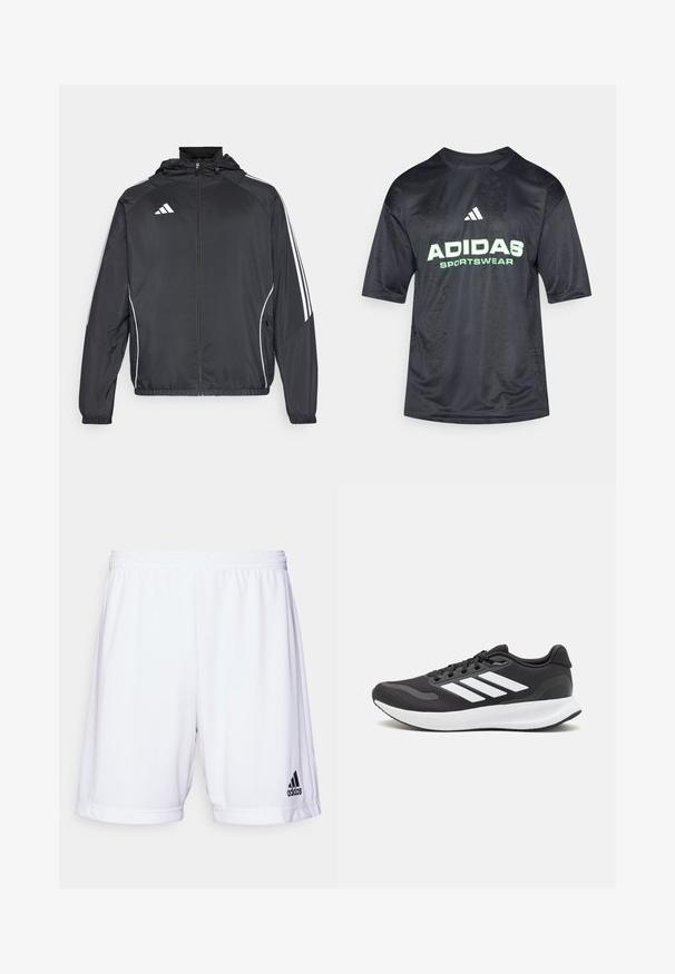 Svart sportsjakke med hette, med hvite striper langs ermene og glidelås foran. Laget av et glatt, lett stoff.; Svart kortermet treningst-skjorte med et preget mønster, med en stor grønn "ADIDAS"-logo og "SPORTSWEAR"-tekst under.; Hvite treningsshorts med elastisk midje, laget av et glatt stoff. Har en svart Adidas-logo nederst til venstre.; Svarte sportsko med pustende mesh-overdel, hvite detaljer og en polstret såle. Har tre striper-logo på siden.