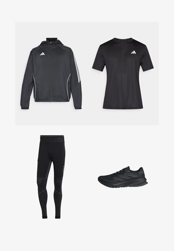 Must värvi sportlik jakk kapuutsiga, millel on valged triibud varrukatel ja lukuga esiosa. Valmistatud siledast, kergest kangast.; Must spordisärk, mis on valmistatud kerge võrgukangast, lühikeste varrukatega ja vasakul rinnal valge logoga.; Mustemad atleetleegid sileda tekstuuriga, mustrilise alumise osa, laia vöökohaga ja külgedel peegeldava brändinguga.; Mustad mustad Adidas jooksujalats, millel on Gore-Tex ülemine osa, kolm triipu küljel ja "Dreamstrike" talla peal, vaadatuna välisküljelt.