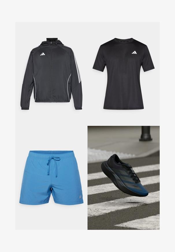 Svart idrottsjacka med huva, med vita ränder längs ärmarna och dragkedja framtill. Tillverkad av ett mjukt, lätt material.; Svart sportt-shirt i lätt mesh-tyg, med korta ärmar och en vit logotyp på vänstra bröstområdet.; Blå simshorts i lättviktig tyg, med dragsko i midjan, perforerad struktur och en liten logotypaccent på sidan.; Svart och blå atletisk sko med en strömlinjeformad design, med ett texturerat överstycke, kontrasterande ränder och en dämpad sula, svävande över asfalt.
