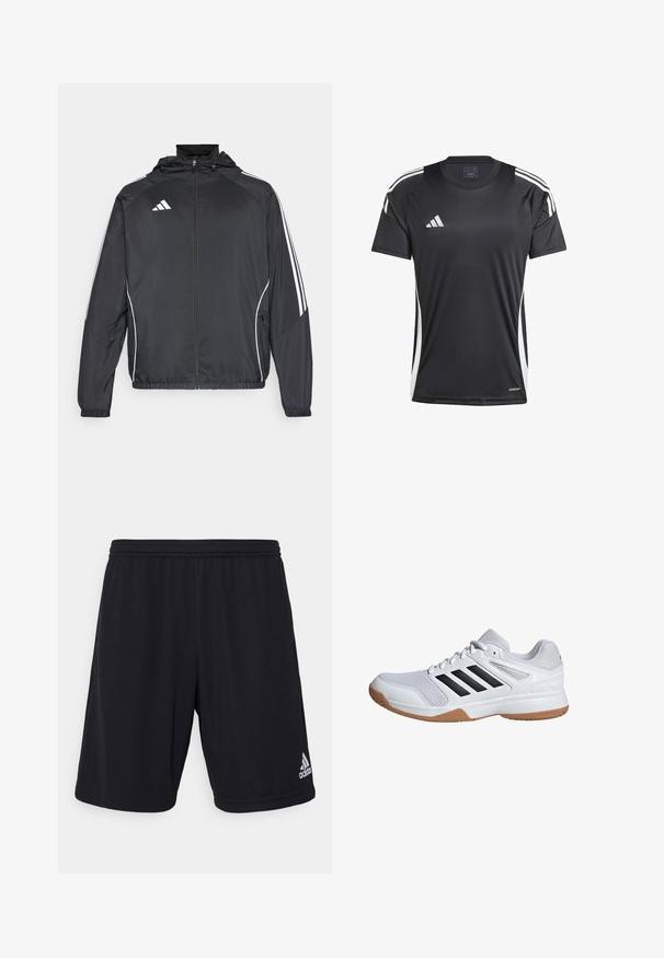 Zwarte sportjack met capuchon, voorzien van witte strepen langs de mouwen en een ritssluiting aan de voorkant. Gemaakt van een gladde, luchtige stof.; Zwarte sportieve t-shirt met korte mouwen, voorzien van witte zijstrepen en het Adidas-logo. Gemaakt van glad, vochtregulerend materiaal.; Zwarte sportshorts gemaakt van een lichtgewicht, ademend materiaal. Voorzien van een elastische tailleband en een zilveren Adidas-logo aan de onderzijde rechts.; Witte sportieve schoen met zwarte gestreepte accenten, bovenwerk van mesh, gevoerde zool en rubberen loopzool. Ontworpen voor comfort en ondersteuning tijdens sportactiviteiten.