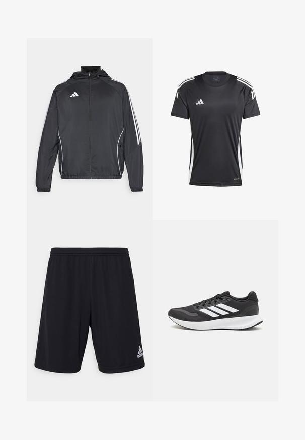 Musta urheilu takki hupulla, jossa on valkoiset raidat hihoissa ja vetoketjuzulu etupuolella. Valmistettu sileästä, kevyestä kankaasta.; Mustat urheilupaidat, joissa on lyhyet hihat, valkoisilla sivuviiruilla ja Adidas-logolla. Valmistettu sileästä, kosteutta siirtävästä materiaalista.; Mustat urheilusortsit, jotka on valmistettu kevyestä ja hengittävästä kankaasta. Varustettu joustavalla vyötärönauhalla ja hopeisella Adidas-logolla oikeassa alareunassa.; Mustat urheilukengät hengittävällä verkkosella yläosalla, valkoisilla yksityiskohdilla ja pehmustetulla pohjalla. Sivussa on kolme raitaa -logo.
