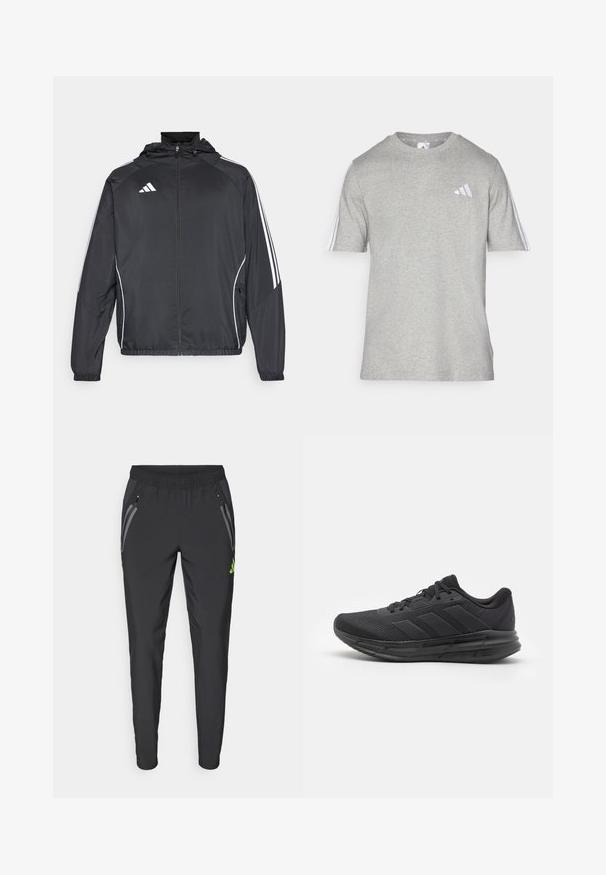 Crna atletska jakna s kapuljačom, s bijelim prugama duž rukava i zatvaranjem na zip. Izrađena od glatkog, laganog materijala.; Siva majica kratkih rukava od mješavine pamuka s okruglim izrezom. Ima tri bijele pruge na svakom ramenu i mali logotip.; adidas Performance REAL MADRID TIRO25 PRO VIS TECH TRAVEL PANT - Klupska odjeća - black/lucid lemon; Crne atletske cipele s mrežastim gornjim dijelom, gumeni potplat, teksturirani dizajn i detalj s tri pruge sa strane. Pjena za ublažavanje udarca radi udobnosti.