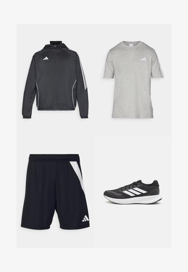 Crna atletska jakna s kapuljačom, s bijelim prugama duž rukava i zatvaranjem na zip. Izrađena od glatkog, laganog materijala.; Siva majica kratkih rukava od mješavine pamuka s okruglim izrezom. Ima tri bijele pruge na svakom ramenu i mali logotip.; Crne atletske kratke hlače s elastičnom trakom na struku, sa dijagonalnom bijelom prugom s lijeve strane i bijelim logotipom u donjem desnom kutu.; Crne atletske tenisice s prozračnom mrežicom na gornjem dijelu, bijelim akcentima i mekanim potplatom. Imaju logo s tri pruge sa strane.