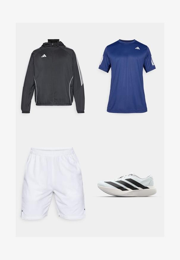 Juodas sportinis džemperis su kapišonu, turintis baltas juosteles palei rankoves ir užtrauktuką priekyje. Pagamintas iš lygaus, lengvo audinio.; Tamsiai mėlyna trumpa rankovė sportinė marškinė, pagaminti iš lygios medžiagos, su apvalia iškirpte ir balto logo detale viršutiniame kairiajame krūtinės kampe.; Balti sportiniai šortai, pagaminti iš lengvos medžiagos. Yra elastinga juostos juosta ir mažos šoninės ventiliacijos angos ant apvesties. Nėra matomų raštų ar akcentų.; Lengvi bėgimo batai šviesiai mėlynos spalvos su juodomis juostelėmis. Yra lygus viršus, apvalus pirštas ir storas baltas vidpadis su užrašu "LIGHTSTRIKE PRO."