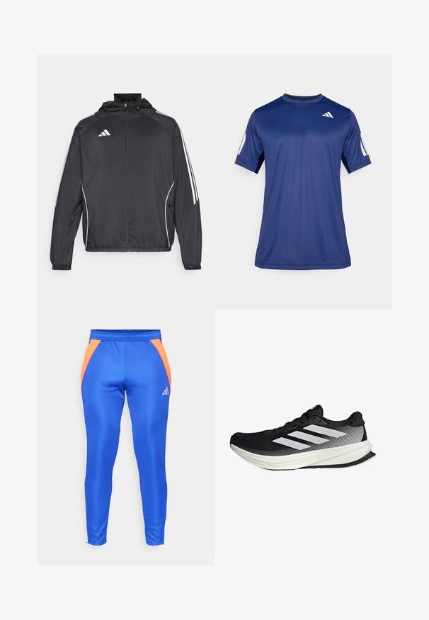 Schwarze Sportjacke mit Kapuze, ausgestattet mit weißen Streifen an den Ärmeln und einem Reißverschluss vorne. Hergestellt aus einem glatten, leichten Stoff.; Marineblaue kurzärmelige Sportshirt aus glattem Material, mit Rundhalsausschnitt und einem weißen Logodetail auf der oberen linken Brust.; Blaue Sporthosen mit orangefarbenen Seitenakzenten, aus glattem, dehnbarem Material. Sie verfügen über einen elastischen Bund und ein kleines Logo.; Schwarzer Sportschuh mit einem Mesh-Design, ausgestattet mit weißen Streifen, einer runden Zehenpartie und einer strukturierten Sohle für Grip und Unterstützung.