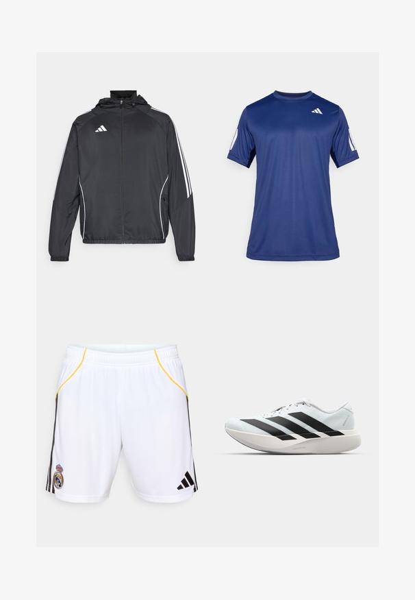 Svart sportsjakke med hette, med hvite striper langs ermene og glidelås foran. Laget av et glatt, lett stoff.; Marineblå, kortermet treningstrøye laget av glatt stoff, med rund hals og en hvit logodetalj på øverste venstre bryst.; Hvite trening-shorts med svarte sidestriper og gule detaljer, med et brodert emblem på venstre ben og elastisk midje.; Lette løpesko i lys blå med svarte striper. Har en myk overdel, rund tå og tykk hvit mellomsole merket "LIGHTSTRIKE PRO."