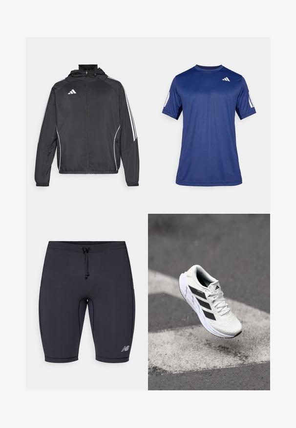 Fekete sportos dzseki kapucnival, fehér csíkokkal az ujjak mentén és cipzáras elülső résszel. Simább, könnyű anyagból készült.; Tengerészkék, rövid ujjú, sportos póló sima anyagból, kerek nyakkivágással, a bal felső mellrészen fehér logó részlettel.; Fekete sportos rövidnadrág, testhezálló dizájnnal, rugalmas derékkal, húzózsinóros zárással és fényvisszaverő logó részlettel az alsó oldalon.; Fehér sportcipő texturált hálós felsőrésszel, fekete csíkokkal, fűzős záródással és párnázott talppal, egy megjelölt útfelület felett lebeg.