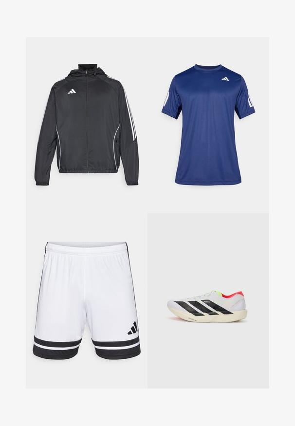 Svart sportsjakke med hette, med hvite striper langs ermene og glidelås foran. Laget av et glatt, lett stoff.; Marineblå, kortermet treningstrøye laget av glatt stoff, med rund hals og en hvit logodetalj på øverste venstre bryst.; Hvite treningshorts med svarte horisontale striper ved kanten og svart Adidas-logo. Elastisk midjebånd for justerbar passform.; Hvite joggesko med svarte striper, neongrønne detaljer og rød hæl. Har et lett design og teksturert såle for grep.