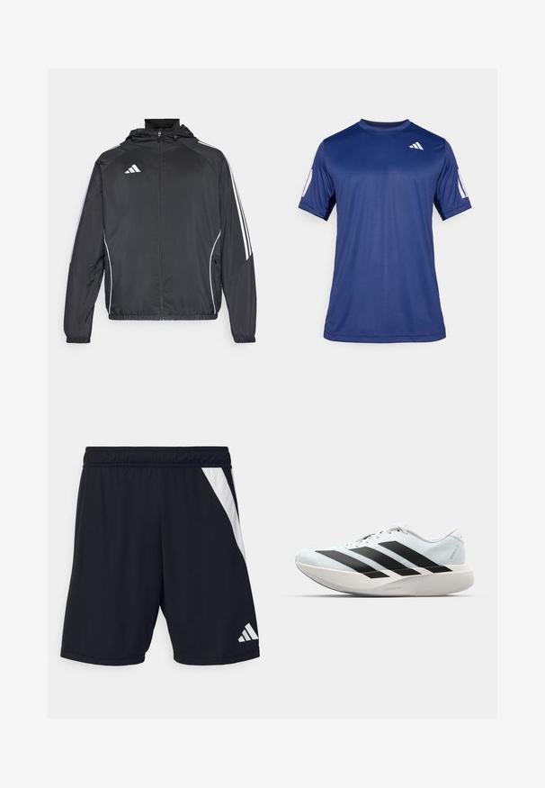 Černá sportovní bunda s kapucí, s bílými pruhy podél rukávů a s předním zipem. Vyrobena z hladkého, lehkého materiálu.; Námořnicky modré sportovní tričko s krátkým rukávem z hladké tkaniny, s kulatým výstřihem a bílým logem na levém horním prsu.; Černé sportovní šortky s elastickým pasem, vybavené diagonální bílou pruhou na levé straně a bílým logem v dolním pravém rohu.; Lehké běžecké boty v světle modré barvě s černými pruhy. Mají hladký svršek, kulatou špičku a silnou bílou mezipodešev označenou "LIGHTSTRIKE PRO."