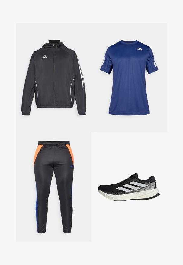 Čierna športová bunda s kapucňou, ktorá má biele pruhy pozdĺž rukávov a zips v prednej časti. Vyrobená z hladkej, ľahkej tkaniny.; Námornícky modrá športová košeľa s krátkym rukávom vyrobená z hladkej tkaniny, s okrúhlym výstrihom a bielym logom umiestneným na hornej ľavej strane hrude.; Čierne športové nohavice s oranžovými a modrými bočnými panelmi, s hladkým povrchom, elastickým pásom a logom Adidas v modrej farbe.; Čierna atletická topánka s dizajnom z mriežky, s bielymi prúžkami, zaoblenou špičkou a textúrovanou podrážkou pre lepšiu priľnavosť a podporu.