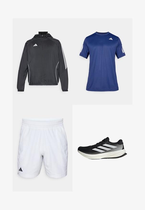 Čierna športová bunda s kapucňou, ktorá má biele pruhy pozdĺž rukávov a zips v prednej časti. Vyrobená z hladkej, ľahkej tkaniny.; Námornícky modrá športová košeľa s krátkym rukávom vyrobená z hladkej tkaniny, s okrúhlym výstrihom a bielym logom umiestneným na hornej ľavej strane hrude.; Biele atletické šortky s elastickým pásom, vyrobené z textúrovanej látky a s čiernym logom Adidas na dolnej ľavej strane.; Čierna atletická topánka s dizajnom z mriežky, s bielymi prúžkami, zaoblenou špičkou a textúrovanou podrážkou pre lepšiu priľnavosť a podporu.