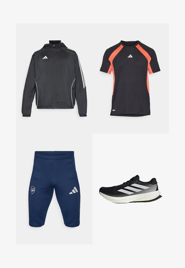 Czarna sportowa kurtka z kapturem, z białymi paskami wzdłuż rękawów i zasuwanym przodem. Wykonana z gładkiego, lekkiego materiału.; Czarna sportowa koszulka z krótkim rękawem, pomarańczowe panele boczne i białe logo Adidas na przodzie. Gładka tkanina, fason z okrągłym dekoltem.; Granatowe spodenki sportowe z elastycznego materiału, z logo Arsenalu na lewej nogawce i trzema białymi paskami Adidas na prawej nogawce.; Czarny but sportowy z siateczkowym wzorem, z białymi paskami, zaokrąglonym noskiem i teksturowaną podeszwą dla lepszej przyczepności i wsparcia.