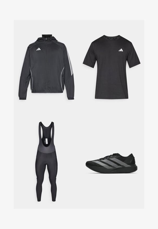 Juodas sportinis džemperis su kapišonu, turintis baltas juosteles palei rankoves ir užtrauktuką priekyje. Pagamintas iš lygaus, lengvo audinio.; Juodas trumpomis rankovėmis marškinėlis, pagamintas iš lygaus tekstūros audinio; turi baltą logotipą ant krūtinės ir apvalią iškirptę.; Juodi dviratininkų šortai su tekstūruotu viršutiniu panele, turinčia tinklinį dizainą, priglundantys keliai ir paminkštinta sėdynė patogumui.; Juodos sportinės avalynės, lengvos konstrukcijos, su trimis aiškiomis pilkomis juostomis, lygiu paviršiumi ir kontūrine padu.