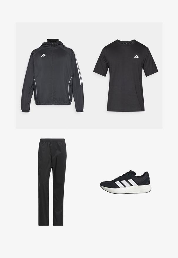 Black athletic jacket with a hood, featuring white stripes along the sleeves and a zippered front. Made from a smooth, lightweight fabric.; Black short-sleeve t-shirt made of fabric with a smooth texture; features a white logo on the chest and a round neckline.; Black waterproof pants with a straight-leg design, elastic waistband, and a smooth, lightweight texture. No visible pockets or accents.; Black athletic shoe with a breathable mesh upper, three white stripes on the side, a sturdy rubber sole, and minimalistic design features.
