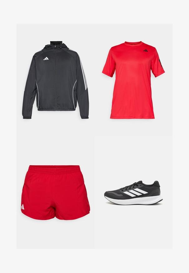 Čierna športová bunda s kapucňou, ktorá má biele pruhy pozdĺž rukávov a zips v prednej časti. Vyrobená z hladkej, ľahkej tkaniny.; Červené atletické tričko s krátkym rukávom a okrúhlym výstrihom, vyrobené z hladkej, ľahkej látky; má čierne logo na hrudi a na rukávoch.; Červené športové šortky vyrobené z ľahkého materiálu s elastickým pásom. Obsahujú bočné vrecká a biely akcent loga blízko lemu.; Čierna športová obuv s priedušným sieťovaným zvrškom, bielymi akcentmi a polstrovanou podrážkou. Na bočnej strane sa nachádza logo so tromi pruhmi.