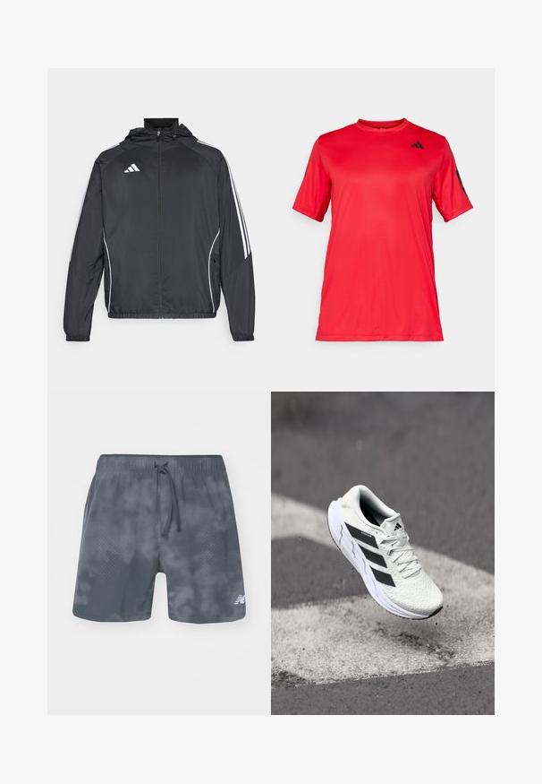 Casaco atlético preto com capuz, apresentando riscas brancas ao longo das mangas e um fecho éclair na frente. Fabricado em um tecido liso e leve.; Camisola atlética curta de manga vermelha com decote redondo, feita de um tecido leve e suave; apresenta um logo preto no peito e nas mangas.; Calções atléticos cinzentos com cordão ajustável, feitos de tecido texturizado, apresentando padrões pontilhados de um lado e um logótipo na parte inferior direita.; Shoe atlético branco com parte superior em malha texturizada, riscas pretas, fecho de atacadores e sola almofadada, a flutuar acima de uma superfície de estrada marcada.