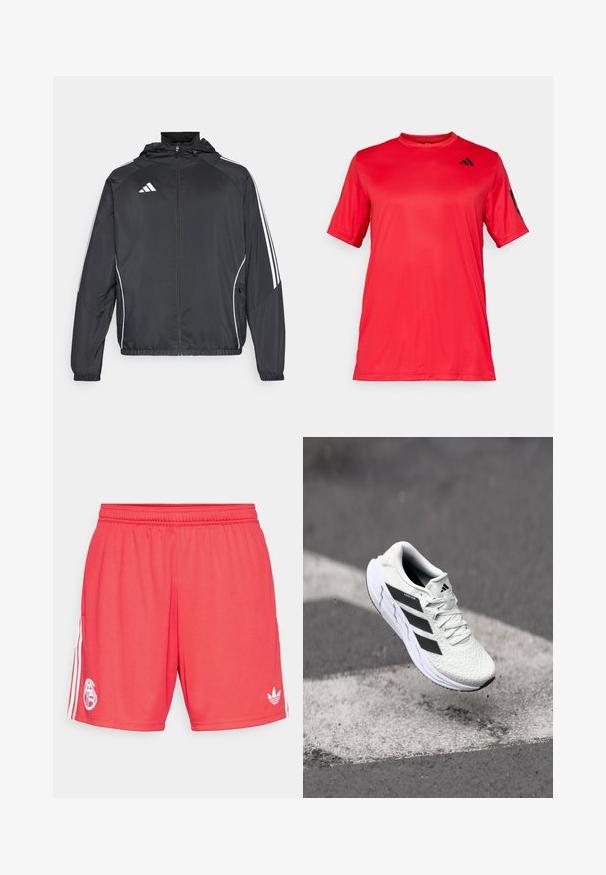 Black athletic jacket with a hood, featuring white stripes along the sleeves and a zippered front. Made from a smooth, lightweight fabric.; Red short-sleeve athletic shirt with a crew neck, made from smooth, lightweight fabric; features a black logo on the chest and sleeves.; Red athletic shorts made of lightweight fabric, featuring a white logo on the left leg and three white stripes along the sides.; White athletic shoe with textured mesh upper, black stripes, lace closure, and a cushioned sole, levitating above a marked road surface.