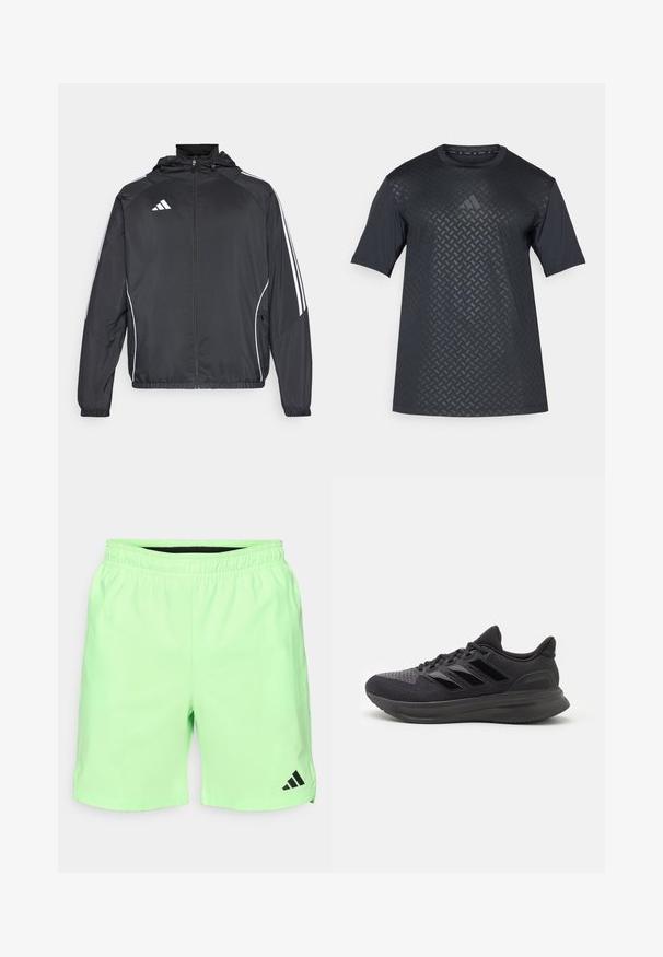 Schwarze Sportjacke mit Kapuze, ausgestattet mit weißen Streifen an den Ärmeln und einem Reißverschluss vorne. Hergestellt aus einem glatten, leichten Stoff.; Schwarzes Kurzarmshirt mit einem strukturierten geometrischen Muster auf der Vorderseite und glattem Rücken, hergestellt aus leichtem, atmungsaktivem Material.; Hellgrüne Sportshorts mit einem elastischen Bund, seitlichen Taschen und einem schwarzen Adidas-Logo auf der unteren linken Seite. Glattes, leichtes Material.; Schwarzer Sportschuh mit strukturiertem Obermaterial aus Stoff, Gummisohle und drei glänzenden schwarzen Streifen an der Seite. Abgerundete Zehenpartie und gepolsterte Ferse.