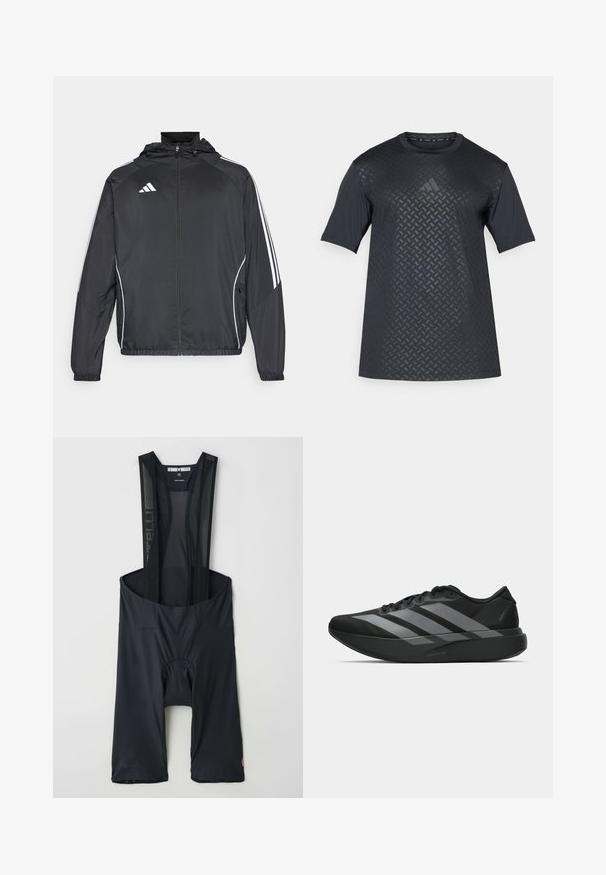 Black athletic jacket with a hood, featuring white stripes along the sleeves and a zippered front. Made from a smooth, lightweight fabric.; Black short-sleeve shirt featuring a textured geometric pattern on the front and a smooth back, made from lightweight, breathable material.; Black cycling bib shorts with mesh straps, elastic material, padded seat area, and logo detail near the hem. Lightweight and fitted design.; Black athletic shoes with a lightweight design, featuring three prominent gray stripes, a smooth texture, and a contoured sole.
